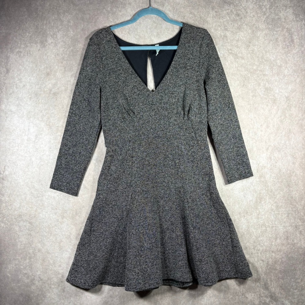 Free People Dress Women‎ L Black White Tweed Fit & Flare Long Sleeve Mini Boho